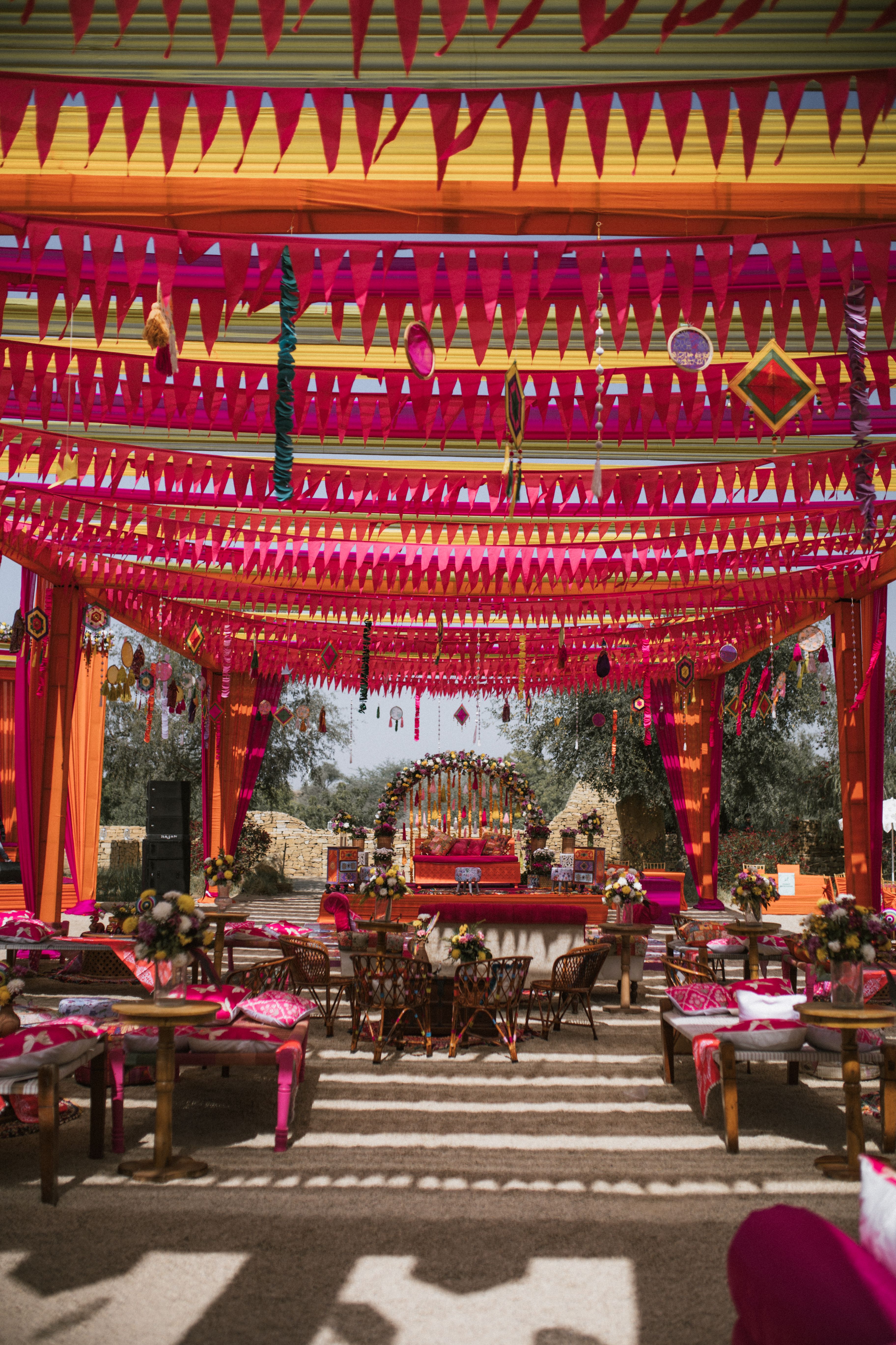 A vibrant, colourful Indian wedding mandap setup